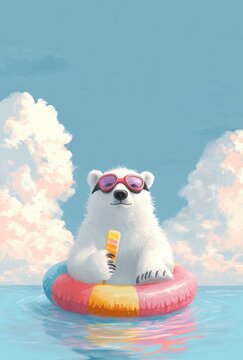 Summer Greeting Card Illustration of Polar Bear with Popsicle on Inflatable Ring
