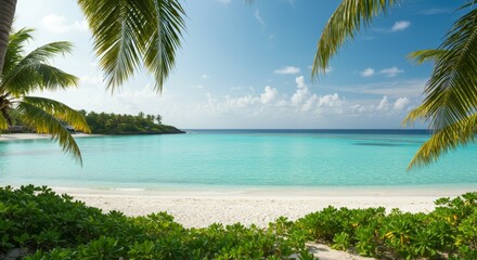 Serene Tropical Beach Paradise: Idyllic Turquoise Waters and Lush Palms