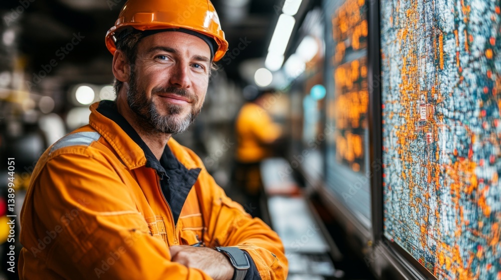 Poster Men in protective work wear are involved in drilling and extraction activities within a modern petroleum facility, utilizing advanced technology and infrastructure for efficient operations.