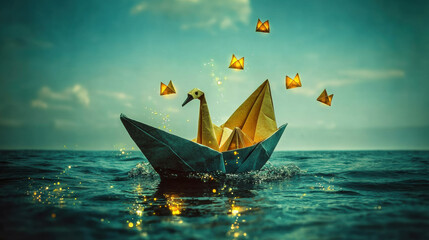 A paper boat with a yellow duck on it floats on a body of water.