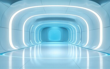 Naklejka premium Futuristic Minimalist Interior with Curvilinear Walls and Glowing Floor in Cyberpunk Style
