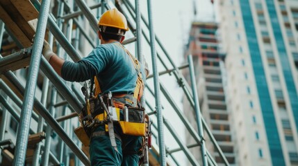 A scaffolder assembling scaffolding at a building site. Featuring teamwork and structural safety