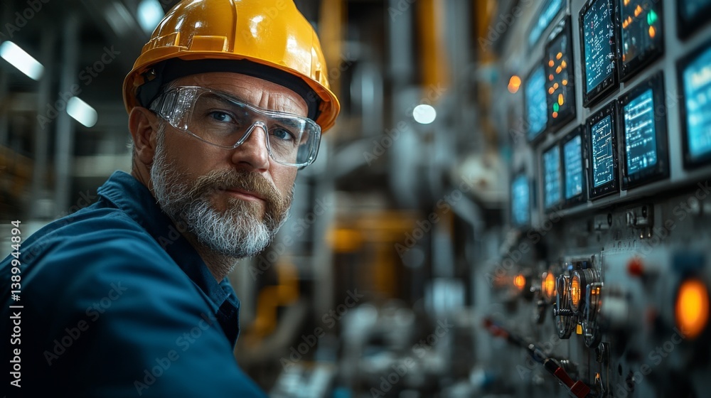 Poster Technician in protective gear monitors intricate equipment controls in a refinery. Focused on optimizing petroleum extraction and processing operations for efficiency and safety.