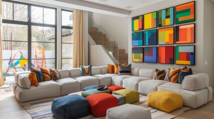 Family living room with modular sofas, colorful artwork, and a play area in the corner