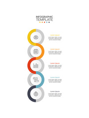 5 Elements placed in vertical row. Concept of 5 successive steps of project development process. Flat infographic design template. Simple vector illustration for business analytics.