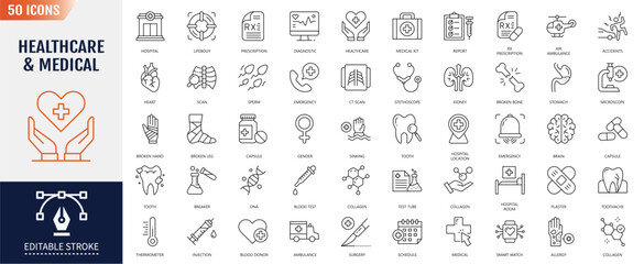 Medical line editable icons set. Containing hospital, patient, medicine, pharmacy, nurse, prescription, medical report and more. Vector illustration