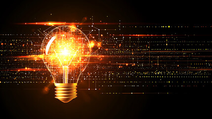 A glowing light bulb is surrounded by a series of lines and dots