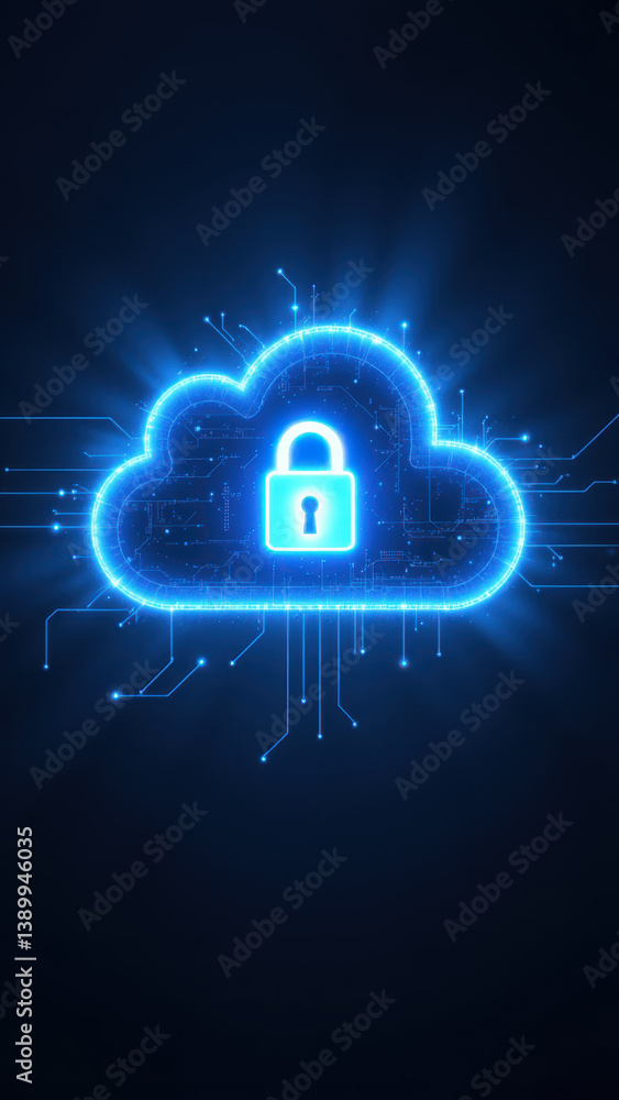 Poster cybersecurity symbol with a cloud lock and glowing lines.