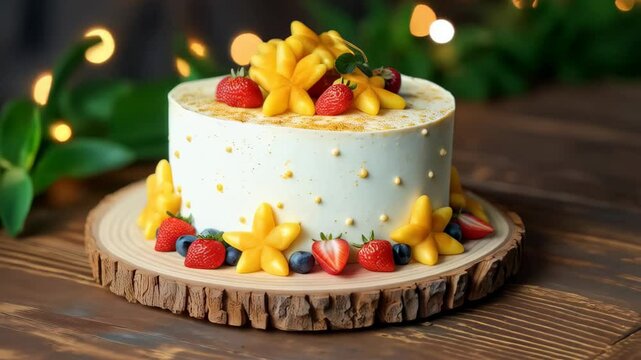 Vibrant cake decorated with mango flowers and berries on a wooden table with soft bokeh background