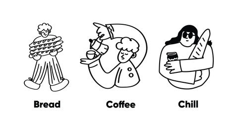 Charming doodle-style coffee shop and bakery icons feature hand-drawn outline illustrations of café essentials, from coffee cups and pastries. Perfect for menus, branding, and cozy café designs.