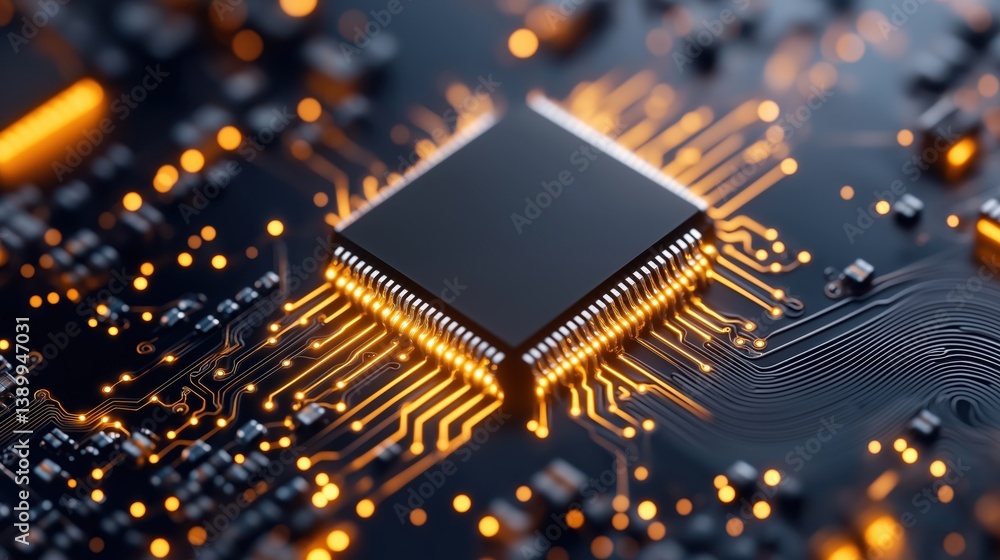 Poster close-up view of a microchip on a circuit board showcasing intricate glowing connections in a futuri