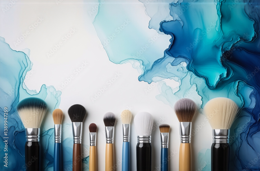 Poster Makeup brushes arrayed beneath an abstract blue and white ink design background. Cosmetic tools arranged for beauty applications. Hints of artistry.