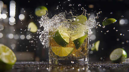 A glass of liquor with lime slices floating in it
