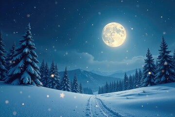 Fototapeta premium Snowflakes dance in the air as a gentle breeze stirs under the soft illumination of the full moon on a winter landscape, serene landscape, lunar light, winter moon snowfall dance