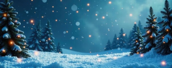 Snowflakes fall gently on a winter wonderland background with evergreen trees and festive lights border, lights, winter scene