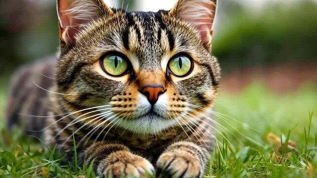 Curious tabby cat exploring a vibrant green yard on a sunny afternoon