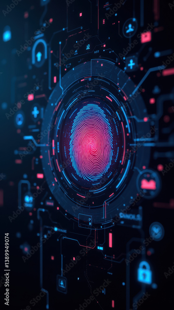 Poster cybersecurity image showcasing fingerprint identification on a tech-filled, blue-hued circuit board 
