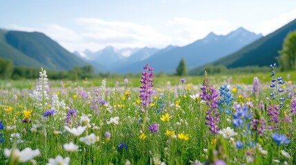 Obraz premium Lush meadow vibrant flowers, mountains