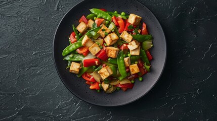 Top view of vegetable stir-fry with bell peppers, snap peas, and tofu on a dark ceramic plate