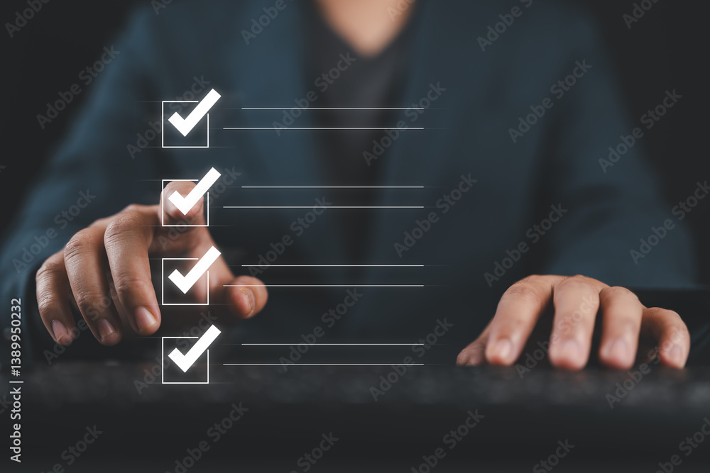 Poster Quality control and check list, Businessman touch to tick correct sign mark in checkbox for quality document control checklist and business approve project concept.