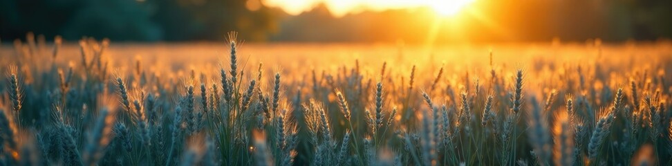 Obraz premium Softly glowing golden light falls on blue grain fields, sunny landscape
