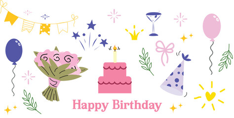 Fun doodle icons for birthdays! Cartoon-style hand-drawn cakes, hats, banners, confetti, and more. Vector outline set on white background, ideal for party designs and festive projects.