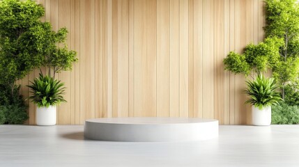 Empty, light gray, round podium, surrounded by potted plants and light wooden wall