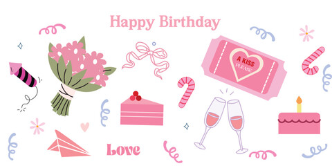 Fun doodle icons for birthdays! Cartoon-style hand-drawn cakes, hats, banners, confetti, and more. Vector outline set on white background, ideal for party designs and festive projects.