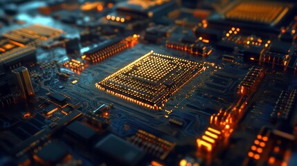 Close-up view of microprocessor placed on circuit board. Advanced tech process in lab setting. Automated manufacturing in tech sector. Modern electric equipment, hardware in production line. Precise