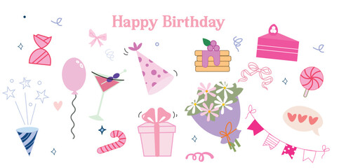 Cute hand-drawn birthday doodles in cartoon style. Includes cakes, balloons, gifts, candles, and party icons. Vector outline set, perfect for cards, stickers, and celebration graphics.

