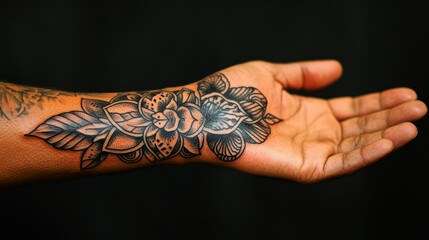Detailed floral tattoo on wrist and forearm.  Intricate design of stylized flowers and leaves.  Black ink.  Dark background