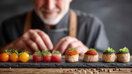 Fototapeta premium Hands skillfully combine sushi techniques with Mexican ingredients and Indian spices to create an innovative culinary dish
