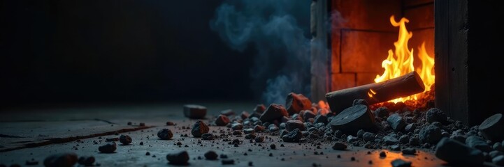 Spotlight shining on a pile of ashes on the floor, lonely, dark, fireplace