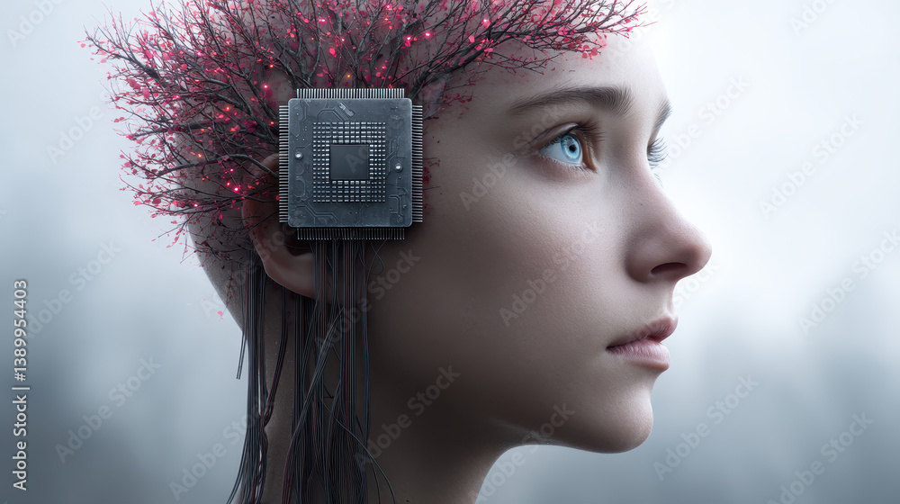 Poster conceptual art depicting a therapy session connecting human cognition and artificial intelligence th
