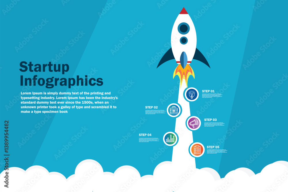Poster startup infographics with 5 circle vertical data template