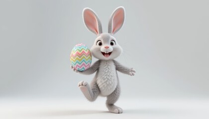 A digitally illustrated, adorable Easter bunny standing upright, holding a beautifully decorated Easter egg. The egg features bold, colorful zigzag patterns. The bunny has bright blue eyes
