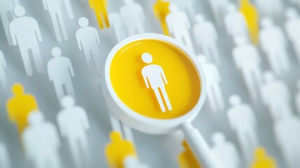 Yellow human icon highlighted by magnifying glass among white icons. Focus on finding suitable person for CRM. Business concept for hiring perfect employee finding ideal client. Illustration shows
