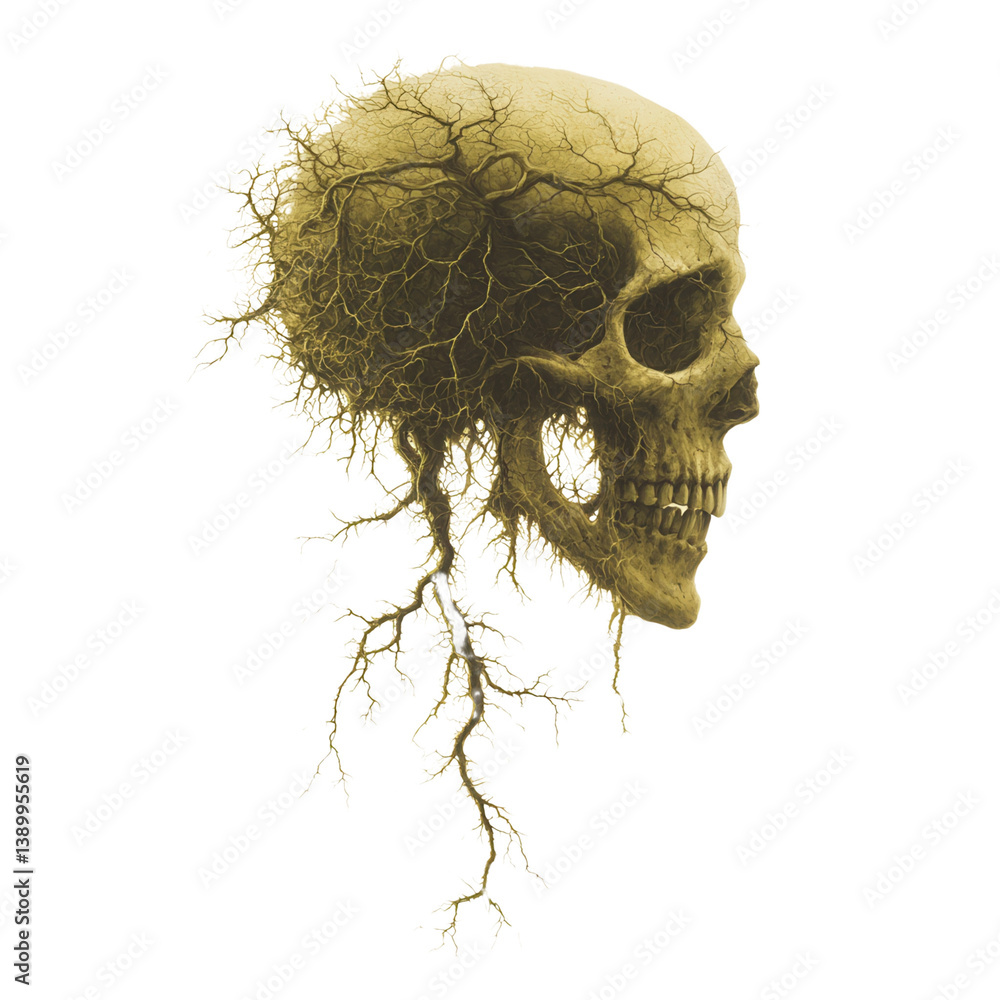 Poster nature conservation concept. skull design with intricate root-like patterns on a dark background.