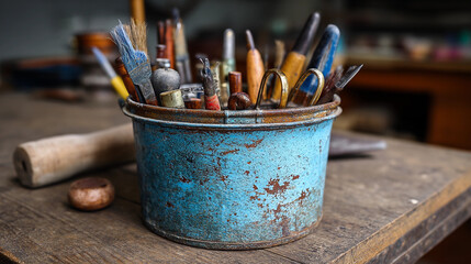 Enameled cast iron bucket repurposed for creative design integration merging vintage functionality with artistic vision
