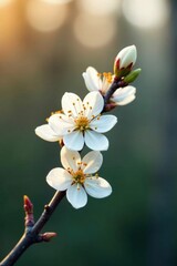 White flowers on bare branches in early morning, bud, flower