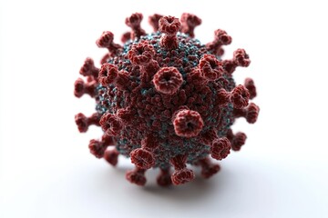 Microscopic image of a coronavirus, showcasing its spiky surface and complex structure.