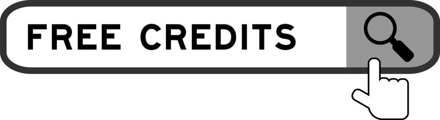 Fototapeta premium Search banner in word free credits with hand over magnifier icon on white background