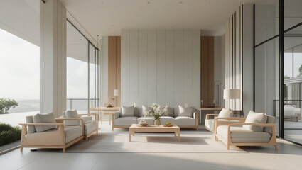 Clean, modern interior with neutral tones, light wood furniture, and spacious layout