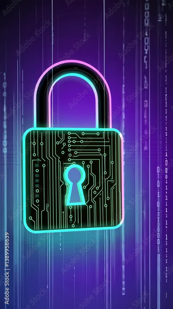 Poster digital padlock glowing against a vibrant background represents cybersecurity and data protection in