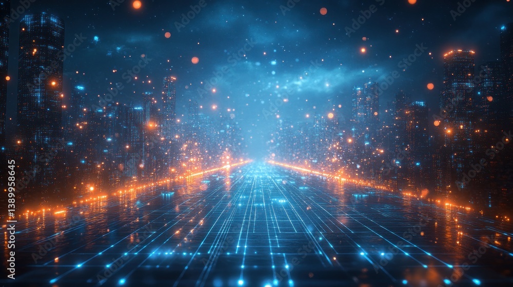 Poster Futuristic Digital Landscape Visualization Machine Learning Algorithms AI Technology Data Connectivity