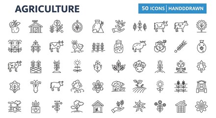 Collection of hand-drawn outline icons representing diverse aspects of agriculture