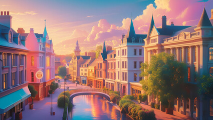 Fototapeta premium Charming Sunset Over Quaint European Town with a Scenic Canal and Bridge