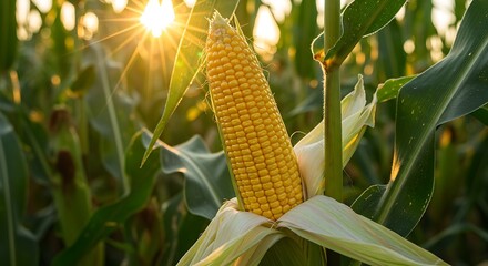 Golden Corn on the Cob basking in the sunlight in a vibrant field setting