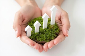 Eco-friendly investment digital coins and growth arrows in nature