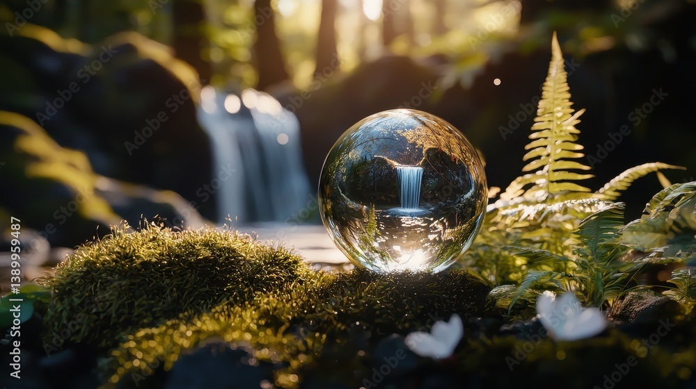 Poster delicate glass globe resting on soft moss with a gentle waterfall in a lush forest setting